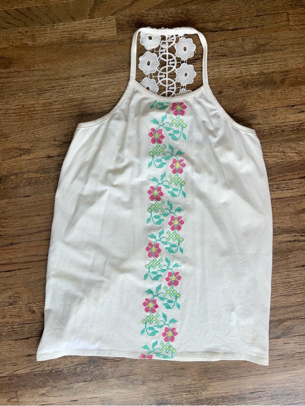 White Floral Crochet-Back Tank Top